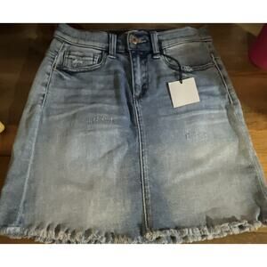 Sneak Peek Blue Denim Mini Skirt Button Frayed Hem Distressed Pockets Size S